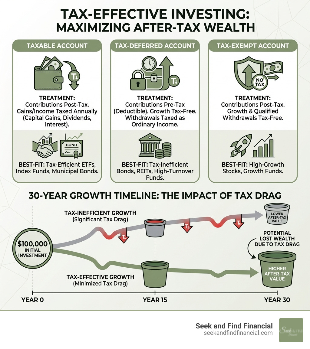 infographic showing three account types (taxable, tax-deferred, tax-exempt) with their tax treatment and best-fit investments, plus a timeline showing how $100,000 grows differently with and without tax drag over 30 years - tax effective investing infographic infographic showing three account types (taxable, tax-deferred, tax-exempt) with their tax treatment and best-fit investments, plus a timeline showing how $100,000 grows differently with and without tax drag over 30 years - tax effective investing infographic
