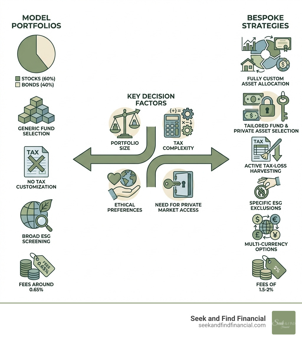 Infographic comparing model portfolios vs bespoke investment strategies: left side shows a standard model portfolio with fixed asset allocation (60% stocks, 40% bonds), generic fund selection, no tax customization, broad ESG screening, and fees around 0.65%; right side shows a bespoke strategy with fully custom asset allocation, tailored fund and private asset selection, active tax-loss harvesting, specific ESG exclusions, multi-currency options, and fees of 1.5-2%; center arrow points to key decision factors: portfolio size, tax complexity, ethical preferences, and need for private market access - Bespoke investment strategies infographic Infographic comparing model portfolios vs bespoke investment strategies: left side shows a standard model portfolio with fixed asset allocation (60% stocks, 40% bonds), generic fund selection, no tax customization, broad ESG screening, and fees around 0.65%; right side shows a bespoke strategy with fully custom asset allocation, tailored fund and private asset selection, active tax-loss harvesting, specific ESG exclusions, multi-currency options, and fees of 1.5-2%; center arrow points to key decision factors: portfolio size, tax complexity, ethical preferences, and need for private market access - Bespoke investment strategies infographic