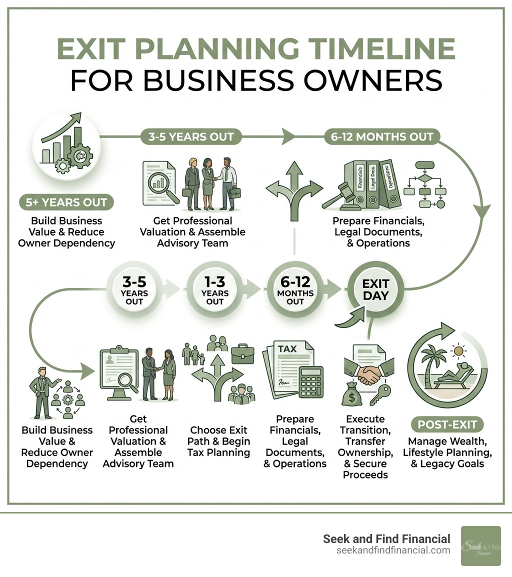 Infographic showing the exit planning timeline for business owners: 5+ years out - build business value and reduce owner dependency; 3-5 years out - get a professional valuation and assemble your advisory team; 1-3 years out - choose your exit path and begin tax planning; 6-12 months out - prepare financials, legal documents, and operations; Exit day - execute transition, transfer ownership, and secure proceeds; Post-exit - manage wealth, lifestyle planning, and legacy goals - exit planning for business owners infographic 