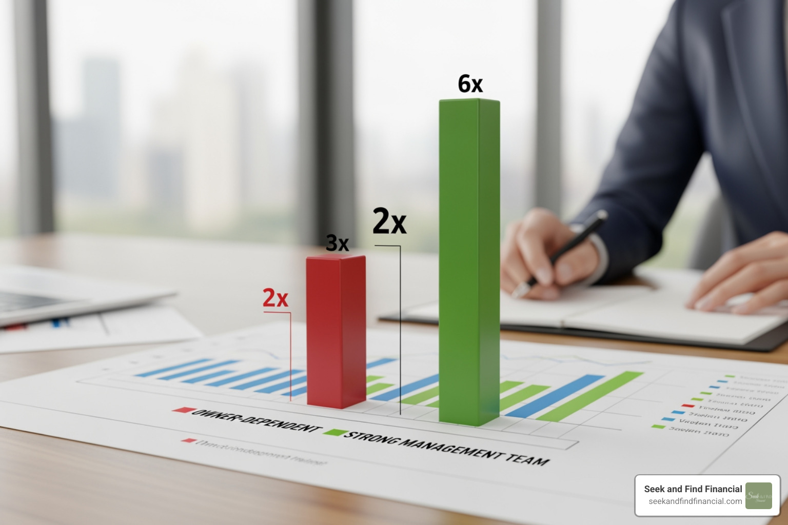 A business valuation chart showing the difference between a business that is owner-dependent versus one with a strong management team; the chart highlights that owner-independence can lead to a 2x higher valuation multiple - exit planning for business owners