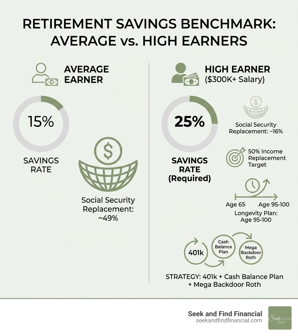 Infographic showing the 25% savings benchmark for high earners: a side-by-side comparison of average earner (15% savings rate, ~49% Social Security replacement) vs high earner ($300K+ salary, 25% savings rate required, ~16% Social Security replacement, 50% income replacement target, plan for longevity to age 95-100, use of 401k + Cash Balance Plan + Mega Backdoor Roth) - retirement plans for high earners infographic 