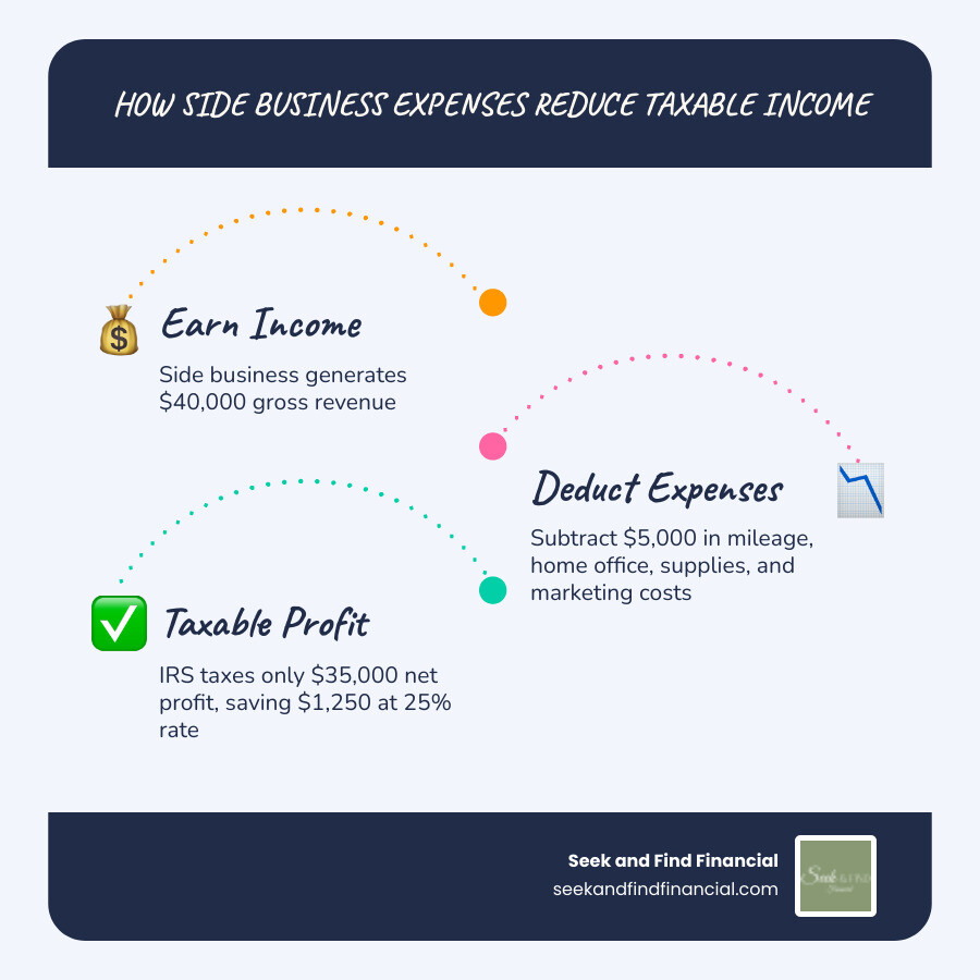Infographic showing how side business expenses reduce taxable income step by step - how to reduce taxable income with a side