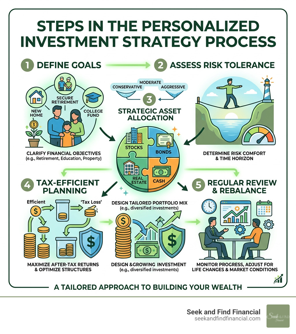 Steps in the personalized investment strategy process: goals, risk, allocation, tax, review - Personalized investment