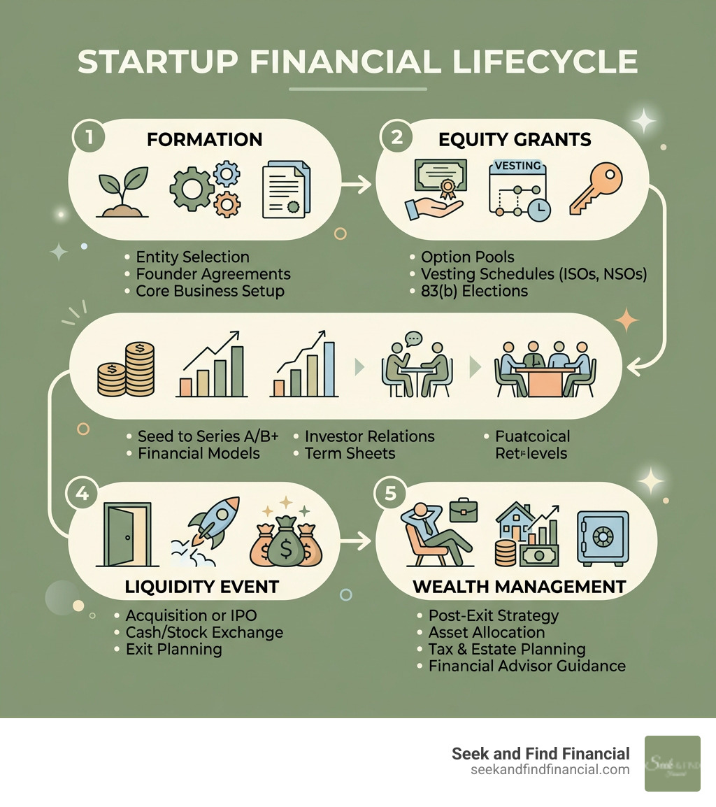 Startup financial lifecycle infographic: formation, equity grants, funding rounds, liquidity event, wealth management