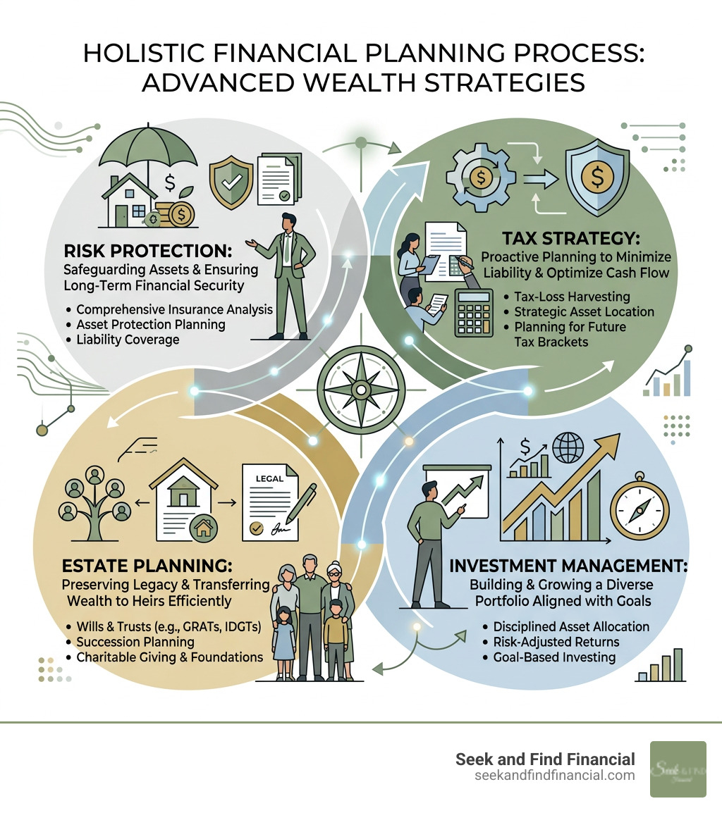 Holistic financial planning process showing tax strategy, estate planning, investment management, and risk protection