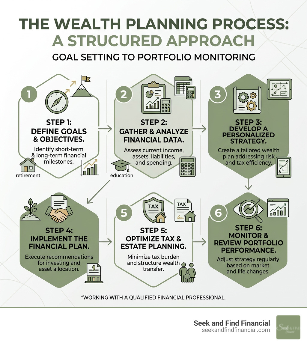 Steps of wealth planning process from goal setting to portfolio monitoring - financial management advisor infographic 