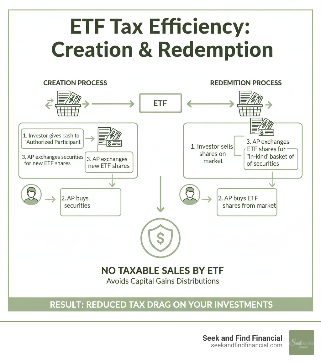 Infographic showing ETF creation and redemption process and how it reduces capital gains distributions - tax efficiency etf
