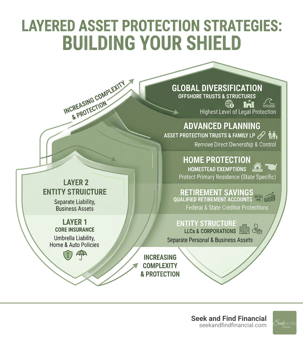 layered asset protection strategies from insurance to offshore trusts infographic - asset protection strategies infographic 