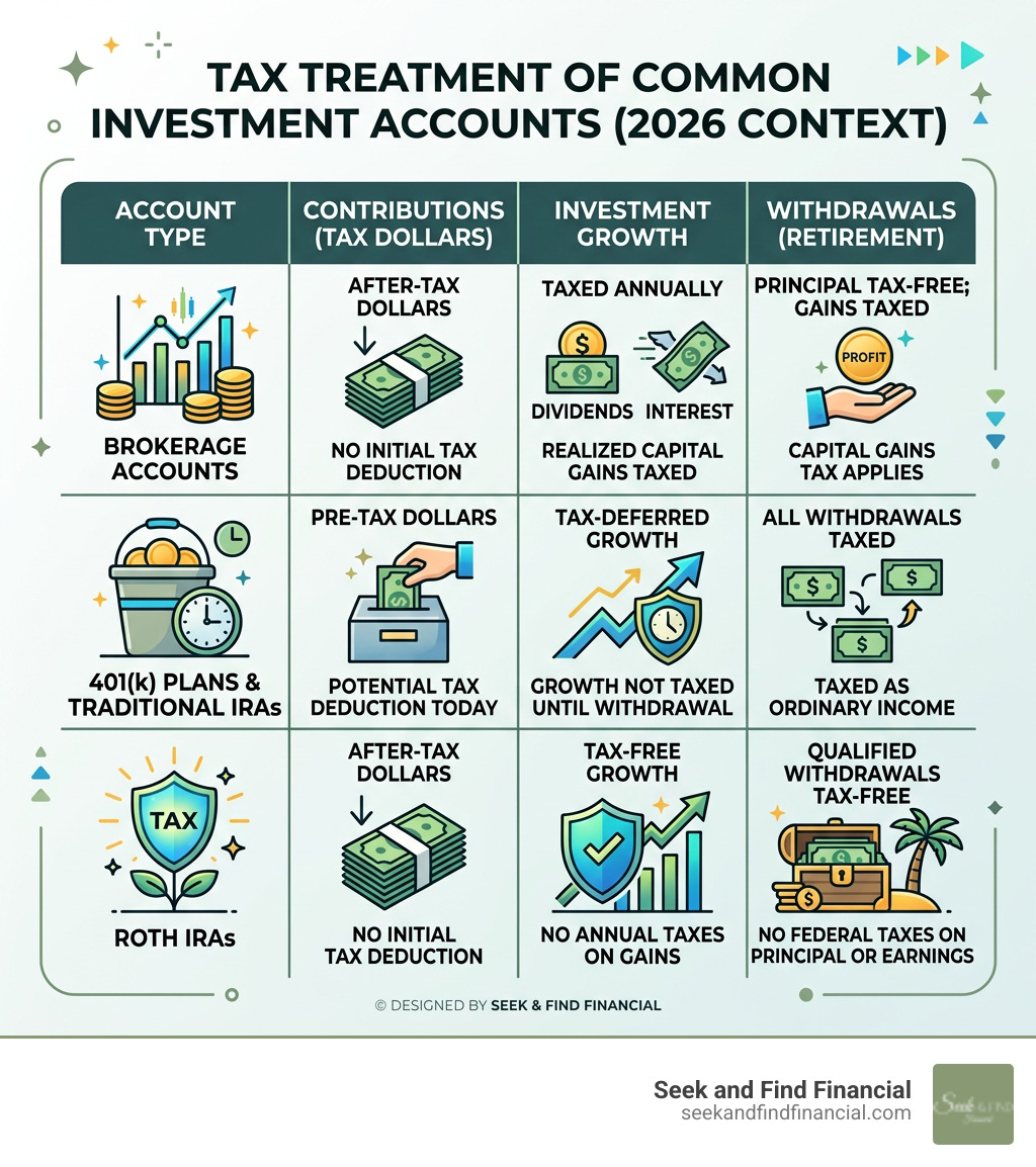 Table comparing Brokerage accounts, 401k plans, and Roth IRAs tax treatments - Tax efficient investment strategy infographic Table comparing Brokerage accounts, 401k plans, and Roth IRAs tax treatments - Tax efficient investment strategy infographic