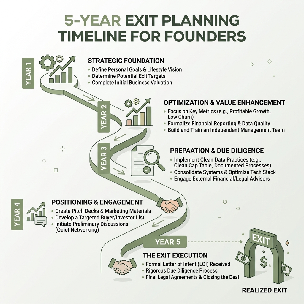 5-year exit planning timeline with key milestones for founders - Exit strategy for founders infographic 