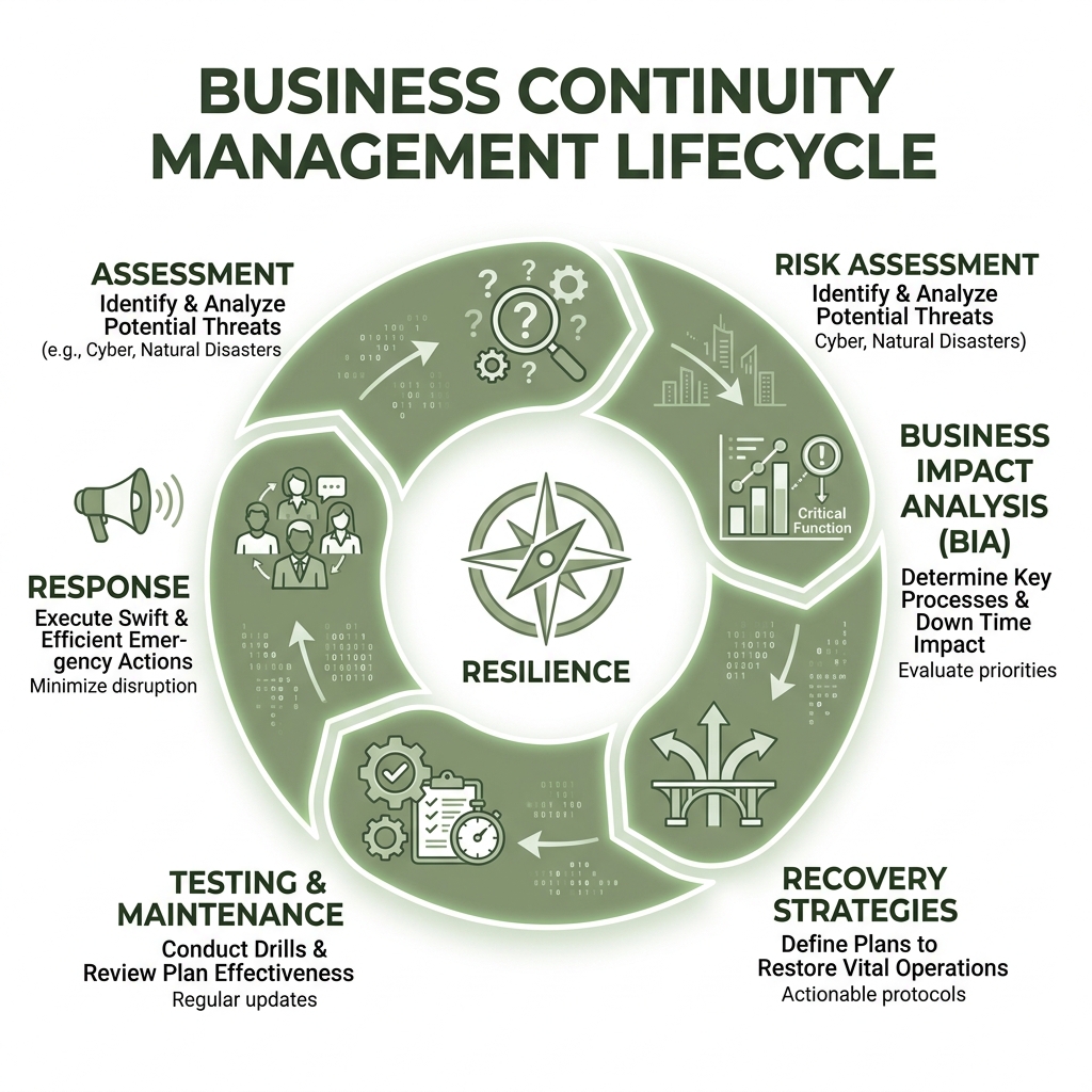 Business continuity management lifecycle infographic showing risk assessment, BIA, recovery strategies, testing, and crisis