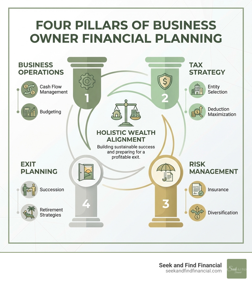 infographic showing four pillars of business owner financial planning: Business Operations including cash flow management and budgeting, Tax Strategy including entity selection and deduction maximization, Risk Management including insurance and diversification, and Exit Planning including succession and retirement strategies - Business owner financial planning infographic 