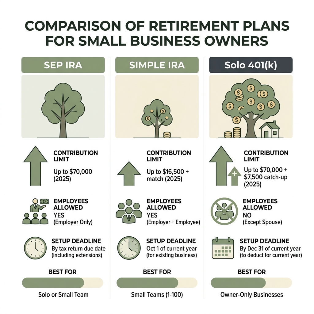 Comparison infographic of SEP IRA, SIMPLE IRA, and Solo 401k for small business owners showing limits and key features - ira