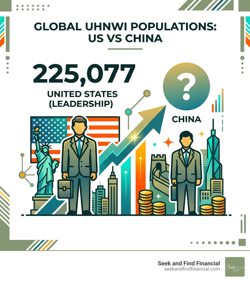 Table comparing UHNWI populations in the US vs China showing US leadership at 225,077 - High net worth wealth infographic Table comparing UHNWI populations in the US vs China showing US leadership at 225,077 - High net worth wealth infographic
