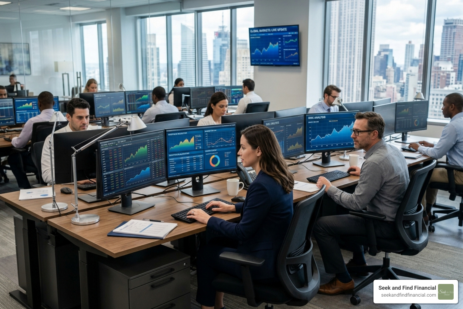 Modern financial office with advanced screens and digital dashboards - the impact of technology on wealth management Modern financial office with advanced screens and digital dashboards - the impact of technology on wealth management