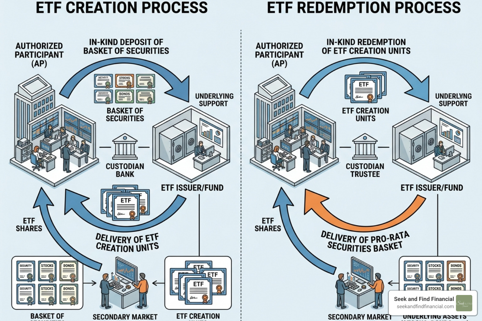 The creation and redemption process of an ETF showing in-kind transfers - active etf tax efficiency The creation and redemption process of an ETF showing in-kind transfers - active etf tax efficiency