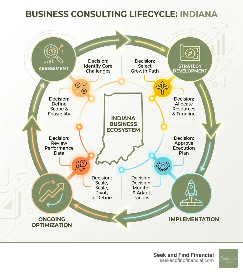 Infographic showing the business consulting lifecycle in Indiana: assessment, strategy development, implementation, and ongoing optimization with key decision points at each stage - business consulting Indiana infographic Infographic showing the business consulting lifecycle in Indiana: assessment, strategy development, implementation, and ongoing optimization with key decision points at each stage - business consulting Indiana infographic