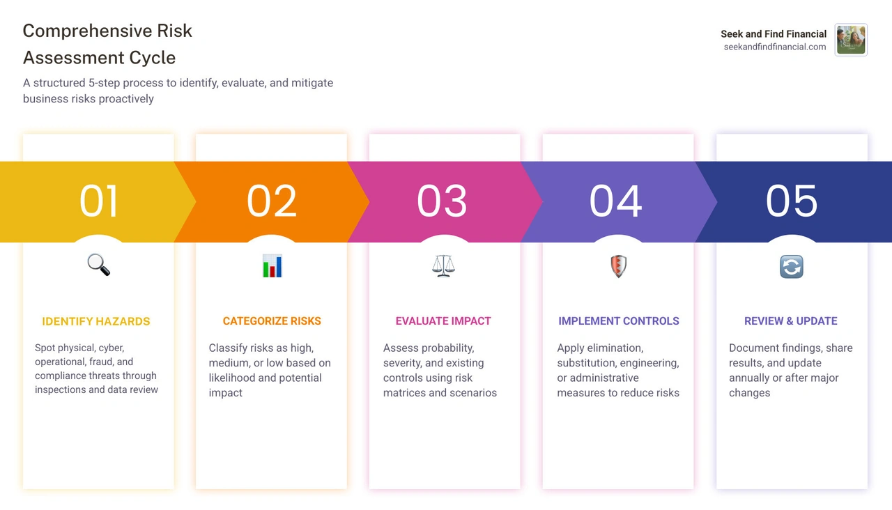 Infographic showing the comprehensive risk assessment cycle: Identify Hazards, Categorize Risks, Evaluate Likelihood and Infographic showing the comprehensive risk assessment cycle: Identify Hazards, Categorize Risks, Evaluate Likelihood and