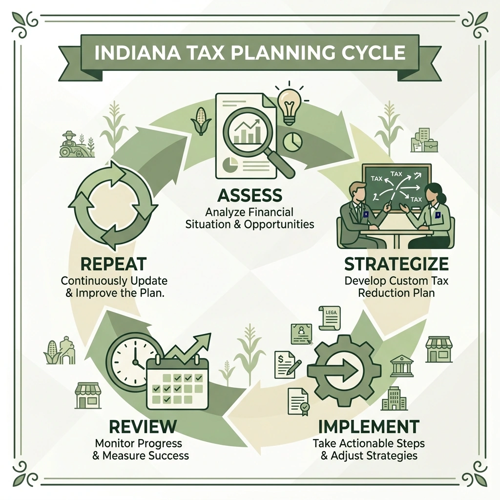 Indiana tax planning cycle: assess, strategize, implement, review, repeat - Tax planning services Indiana infographic Indiana tax planning cycle: assess, strategize, implement, review, repeat - Tax planning services Indiana infographic