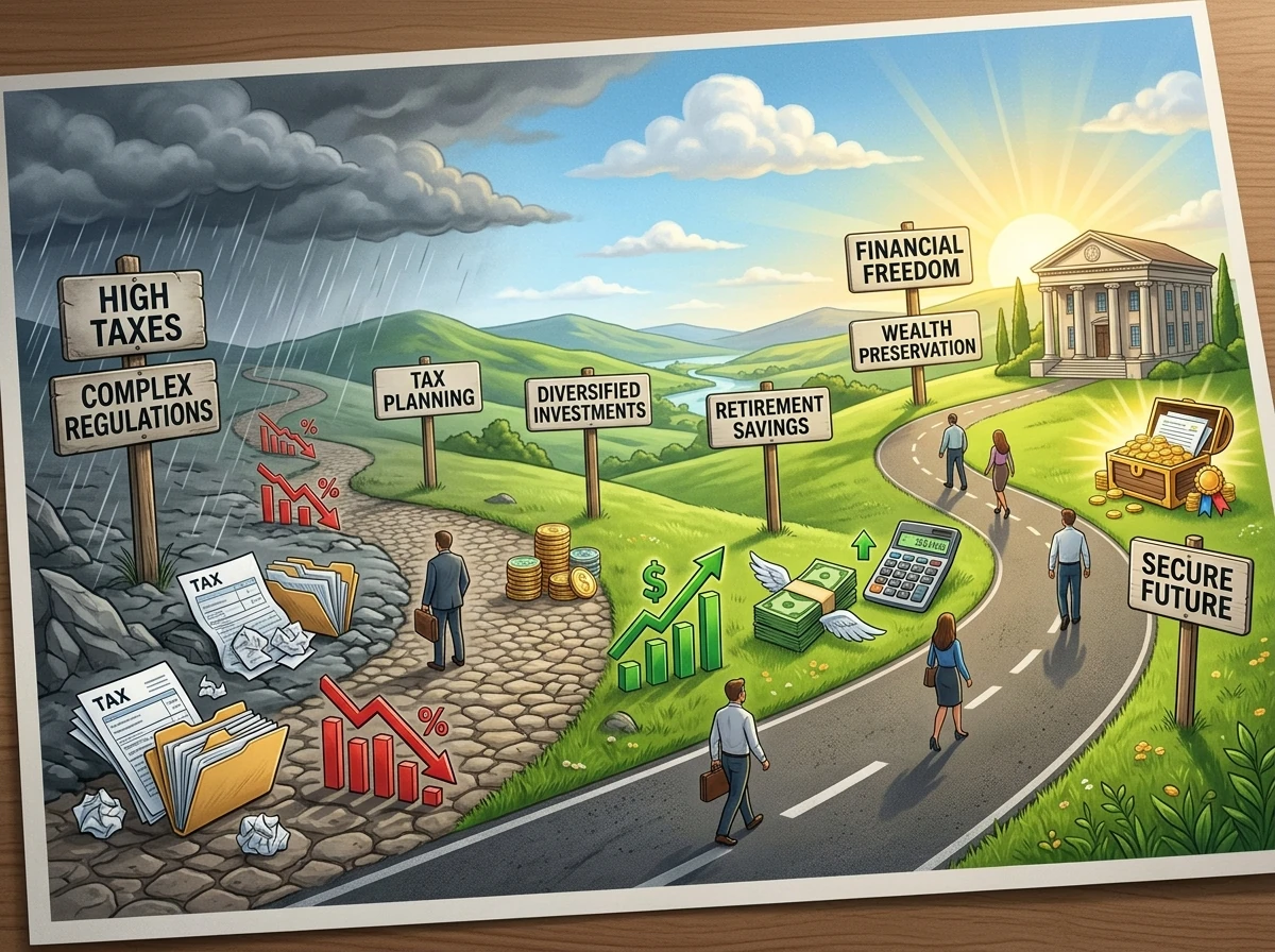 Financial roadmap showing path from high taxes to wealth preservation - Tax planning services Indiana Financial roadmap showing path from high taxes to wealth preservation - Tax planning services Indiana