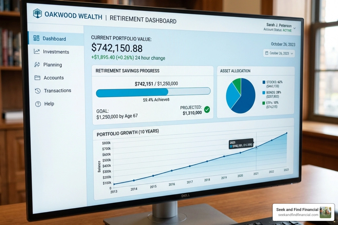 Digital wealth management dashboard showing retirement progress and asset allocation - roth ira for business owners Digital wealth management dashboard showing retirement progress and asset allocation - roth ira for business owners