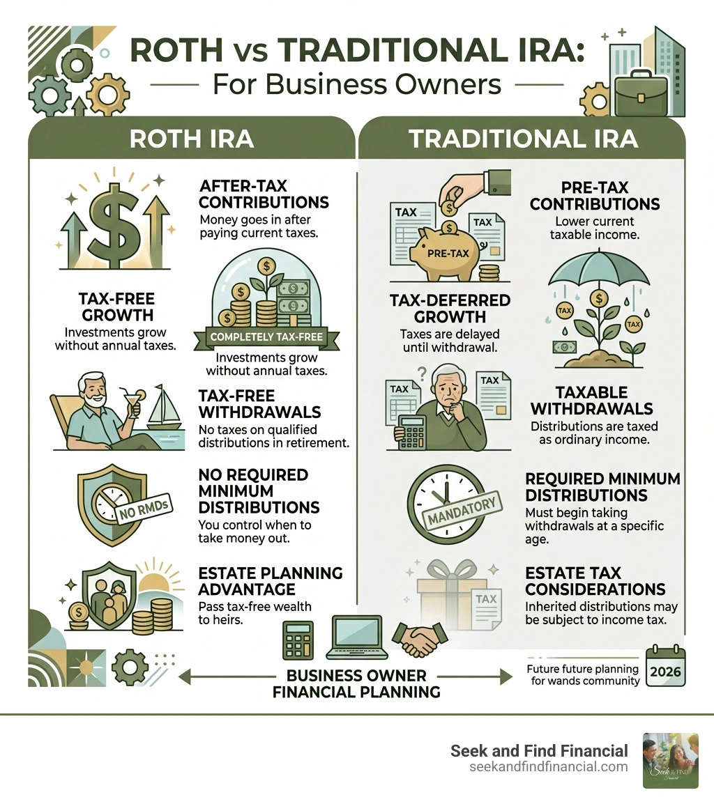 Roth IRA tax-free growth infographic comparing Roth vs Traditional IRA benefits for business owners - roth ira for business Roth IRA tax-free growth infographic comparing Roth vs Traditional IRA benefits for business owners - roth ira for business