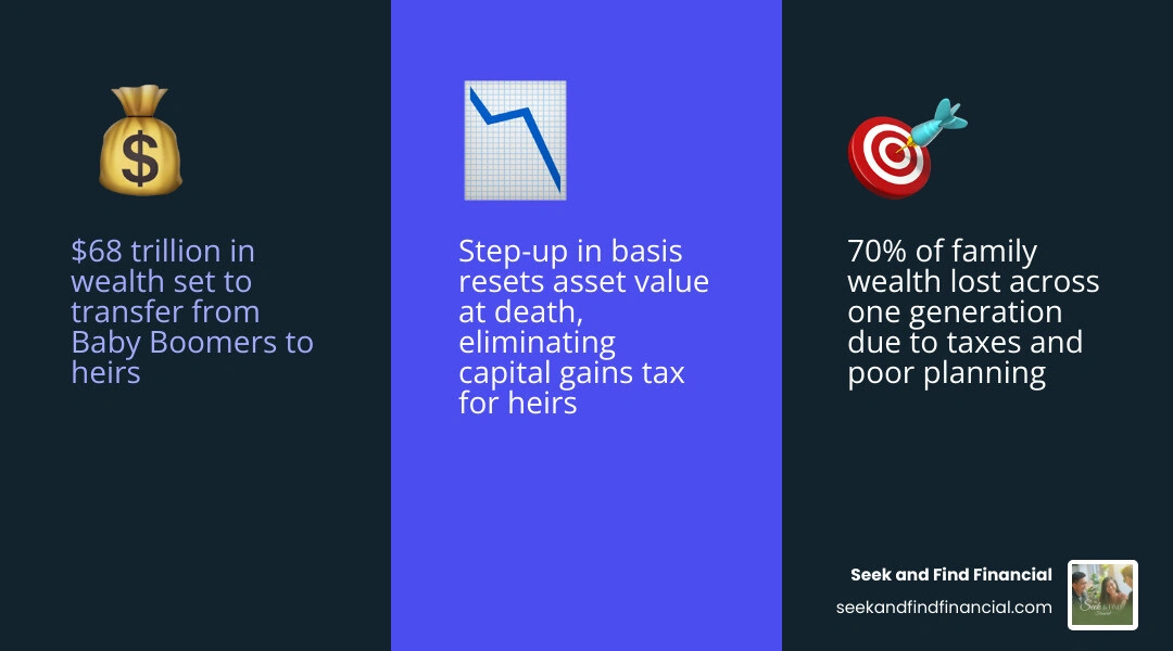 Infographic showing 3 destinations for estate assets: Taxes, Charity, and Family with key strategies to shift wealth toward