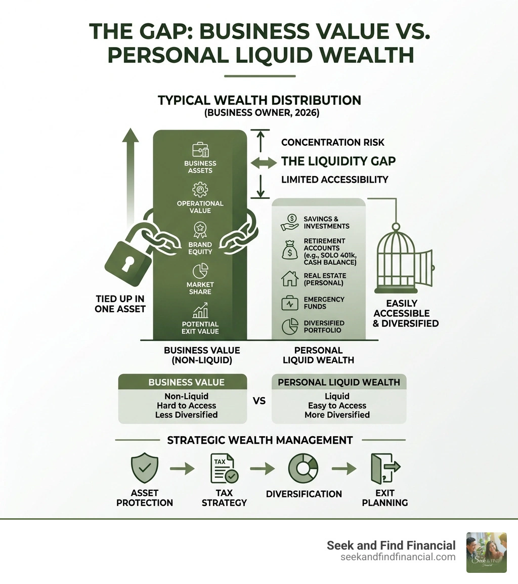 infographic showing the gap between business value and personal liquid wealth for business owners - wealth management for infographic showing the gap between business value and personal liquid wealth for business owners - wealth management for