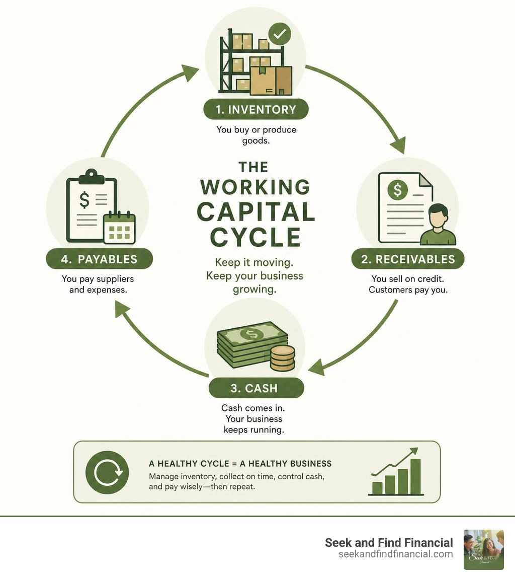 Working capital cycle infographic: inventory to receivables to cash to payables and back infographic