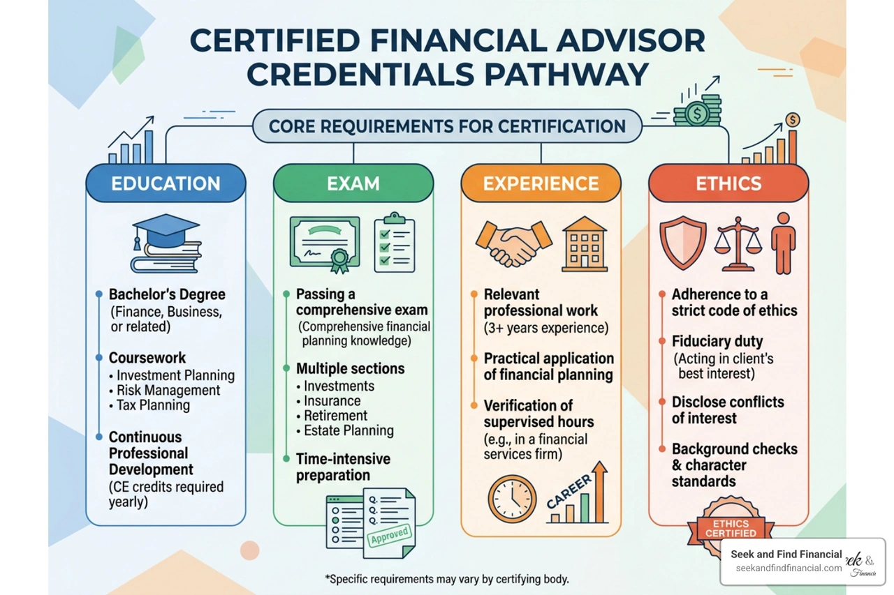 certified financial advisor credentials chart showing education, exam, experience, and ethics certified financial advisor credentials chart showing education, exam, experience, and ethics