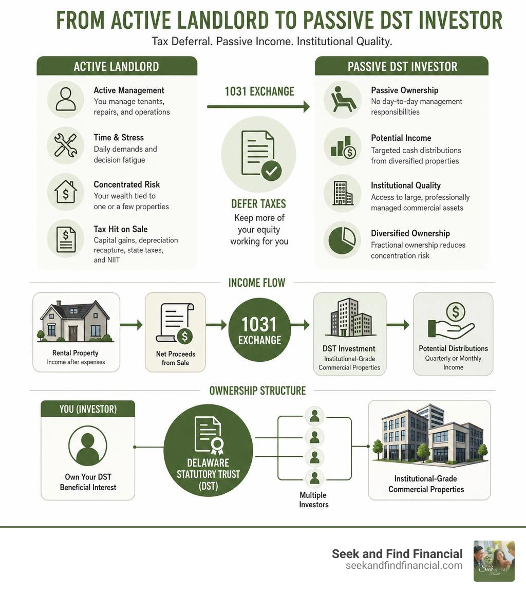 Infographic: Active landlord to passive DST investor transition showing tax deferral, income flow, and ownership structure
