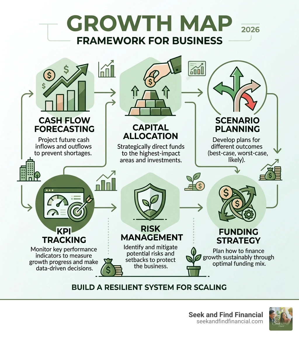 Growth map framework infographic: cash flow, capital allocation, KPIs, scenario planning, risk, and funding - Financial Growth map framework infographic: cash flow, capital allocation, KPIs, scenario planning, risk, and funding - Financial