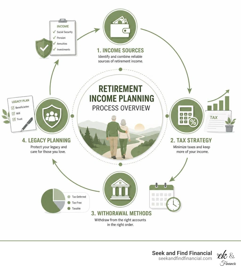 Retirement income planning process overview: income sources, tax strategy, withdrawal methods, legacy planning infographic