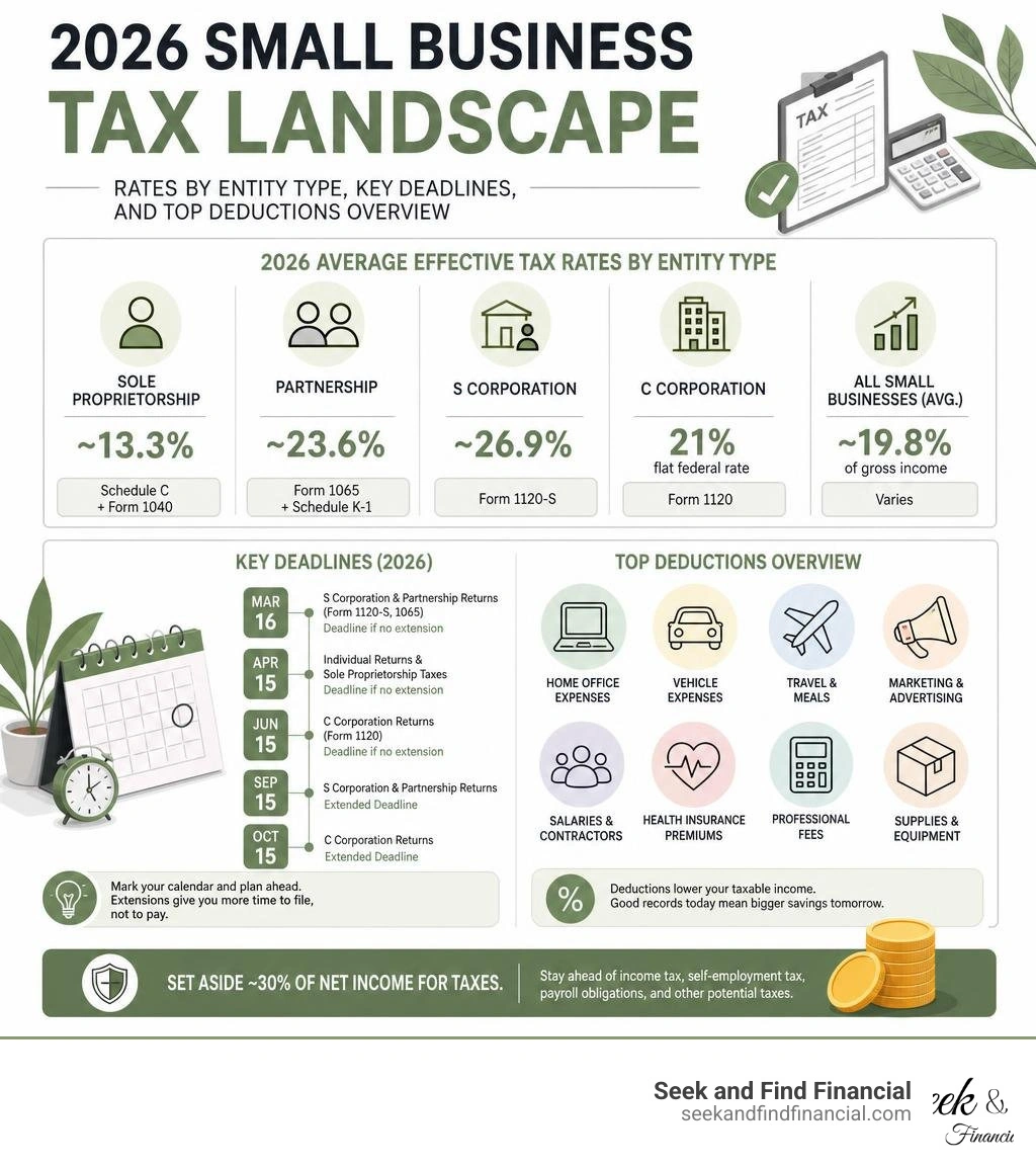 2026 small business tax landscape: rates by entity type, key deadlines, and top deductions overview infographic 2026 small business tax landscape: rates by entity type, key deadlines, and top deductions overview infographic