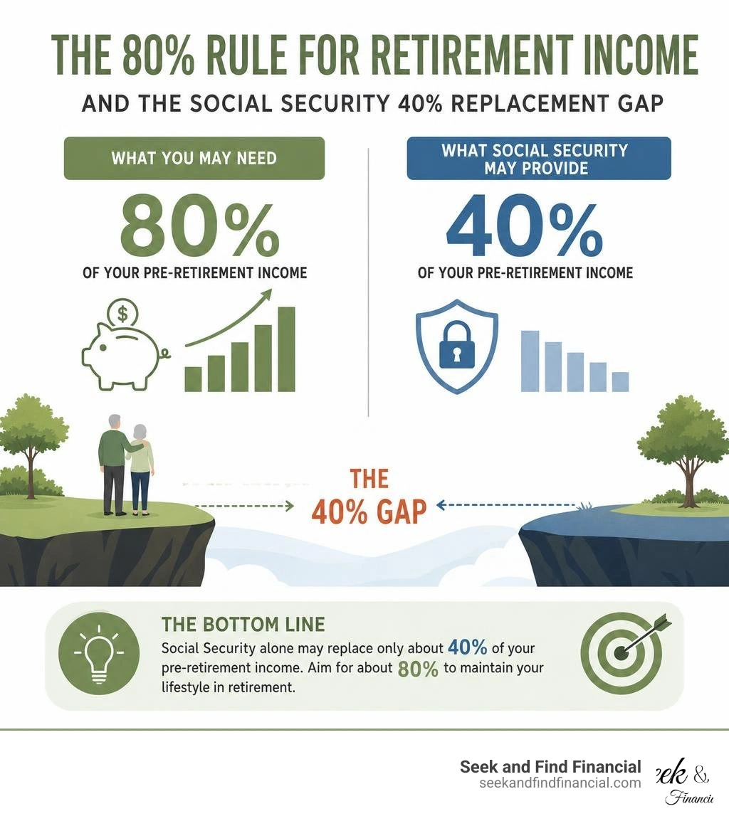 Infographic showing the 80% rule for retirement income and the Social Security 40% replacement gap infographic Infographic showing the 80% rule for retirement income and the Social Security 40% replacement gap infographic