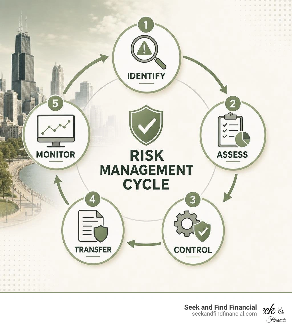 Risk management cycle infographic: Identify, Assess, Control, Transfer, Monitor infographic Risk management cycle infographic: Identify, Assess, Control, Transfer, Monitor infographic