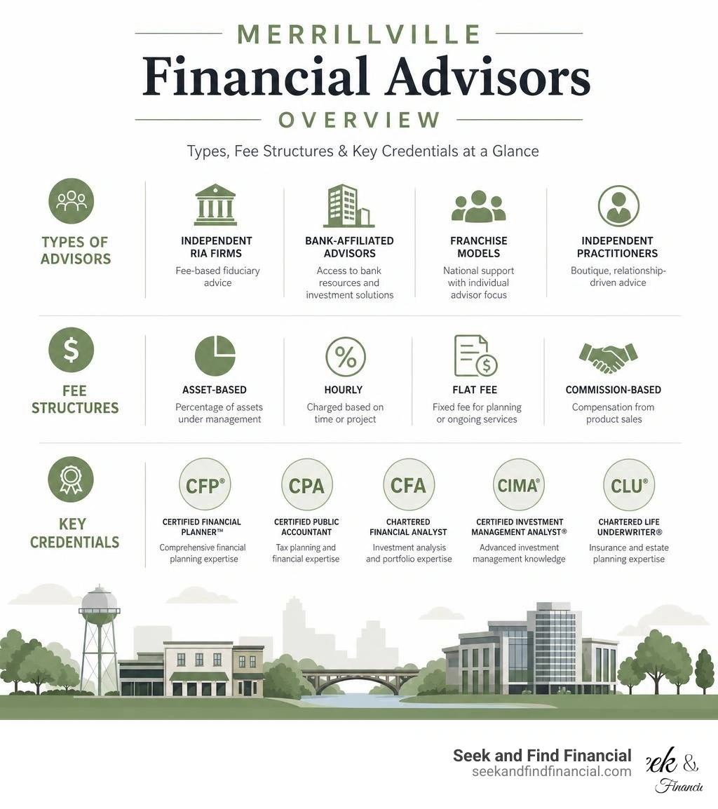 Overview infographic of Merrillville financial advisors types, fee structures, and key credentials infographic Overview infographic of Merrillville financial advisors types, fee structures, and key credentials infographic
