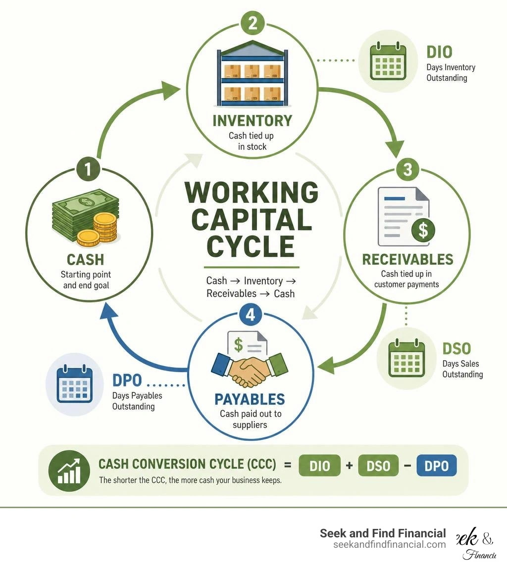 Working capital cycle infographic: cash to inventory to receivables to cash, with DSO DPO DIO metrics infographic