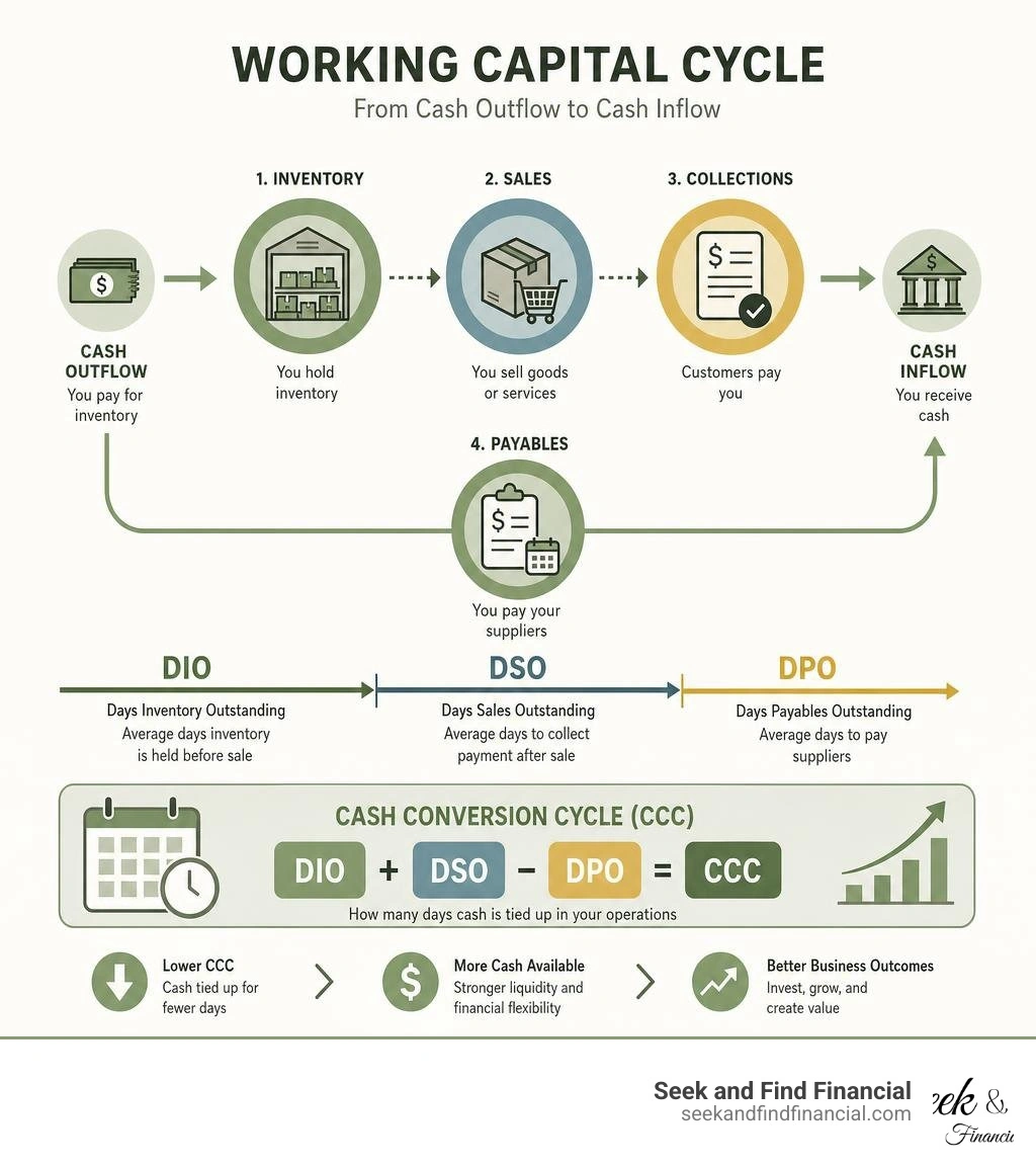 Working capital cycle metrics: DIO, DSO, and DPO chart showing cash outflow to cash inflow infographic