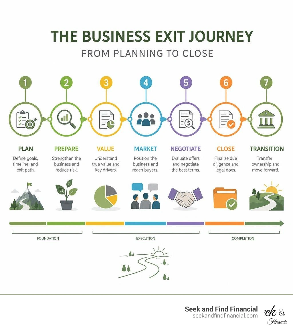Timeline infographic showing phases of a business exit from planning to close infographic