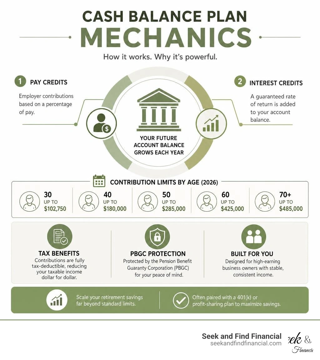 Cash balance plan mechanics infographic: pay credits, interest credits, contribution limits by age, tax benefits, and PBGC Cash balance plan mechanics infographic: pay credits, interest credits, contribution limits by age, tax benefits, and PBGC