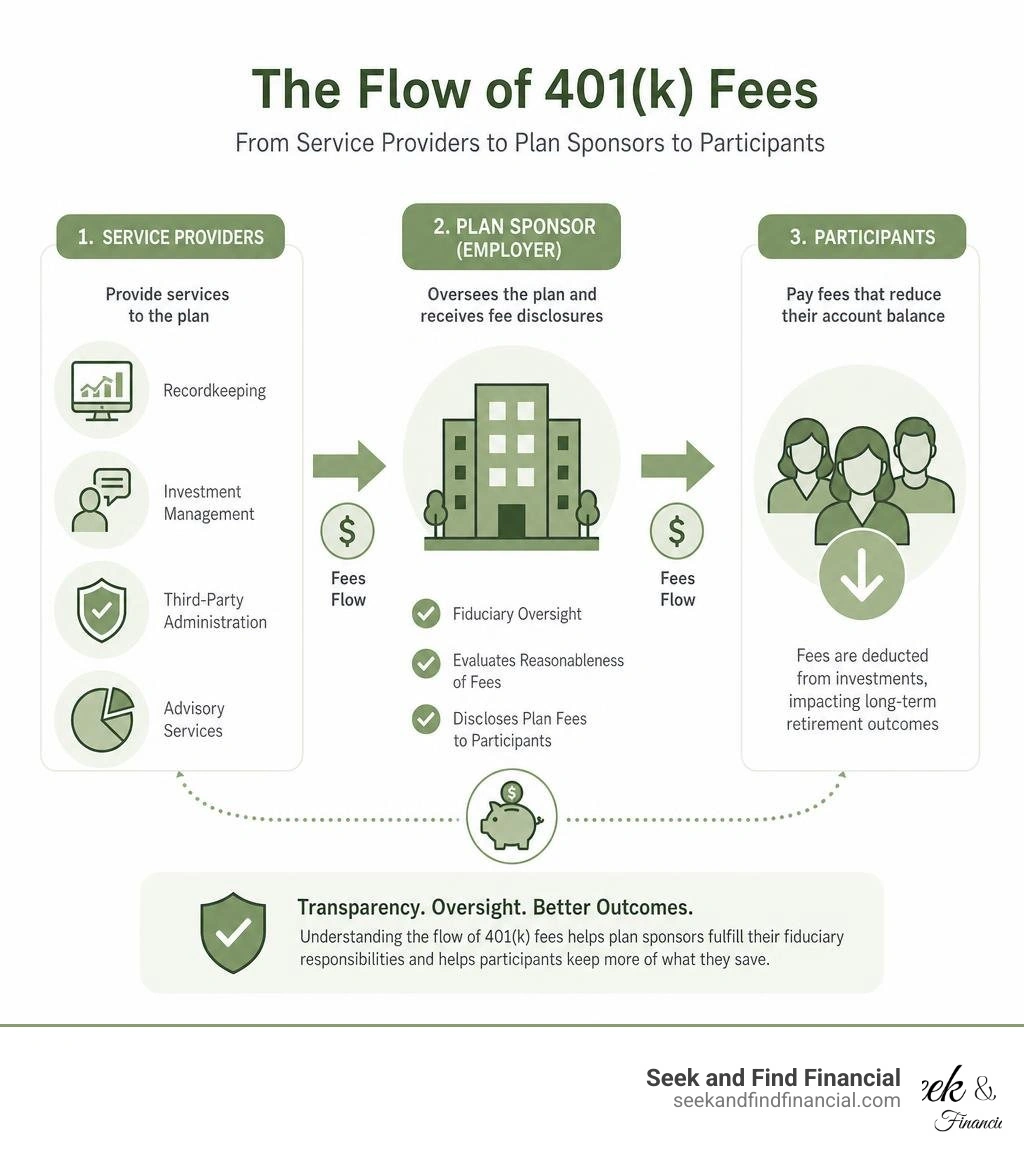 Flow of 401(k) fees from service providers to plan sponsors to participants infographic