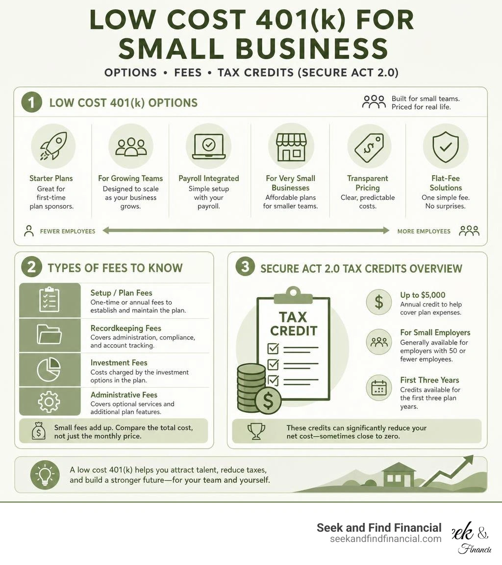 Infographic showing low cost small business 401k options, fee types, and SECURE Act 2.0 tax credits overview infographic Infographic showing low cost small business 401k options, fee types, and SECURE Act 2.0 tax credits overview infographic