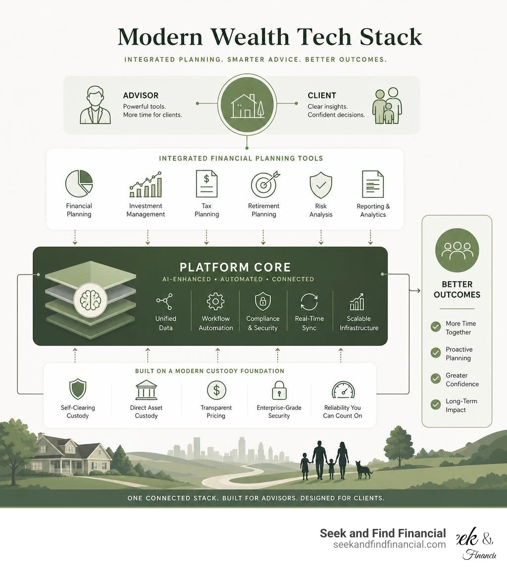 Modern wealth tech stack showing integrated financial planning tools and Altruist platform components infographic Modern wealth tech stack showing integrated financial planning tools and Altruist platform components infographic