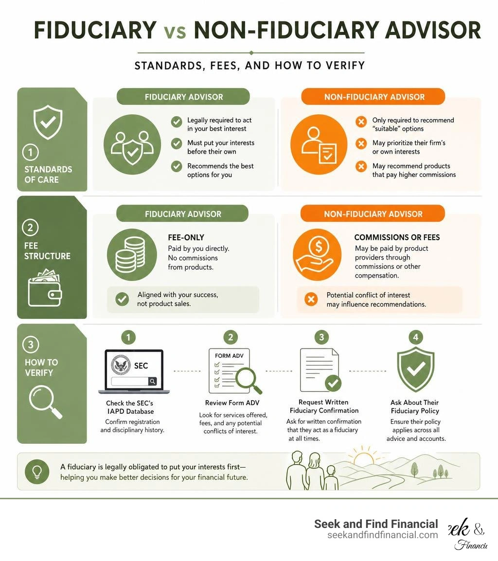 Infographic showing fiduciary vs non-fiduciary advisor standards, fee structures, and verification steps infographic Infographic showing fiduciary vs non-fiduciary advisor standards, fee structures, and verification steps infographic