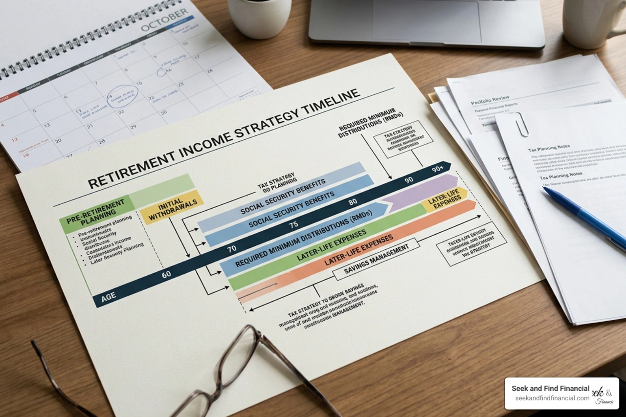 Timeline of a retirement income plan showing withdrawal phases and tax strategy Timeline of a retirement income plan showing withdrawal phases and tax strategy