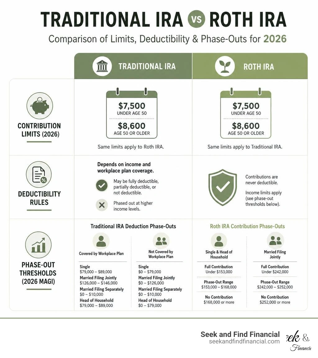 Traditional IRA vs Roth IRA comparison infographic showing contribution limits, deductibility rules, and phase-out Traditional IRA vs Roth IRA comparison infographic showing contribution limits, deductibility rules, and phase-out
