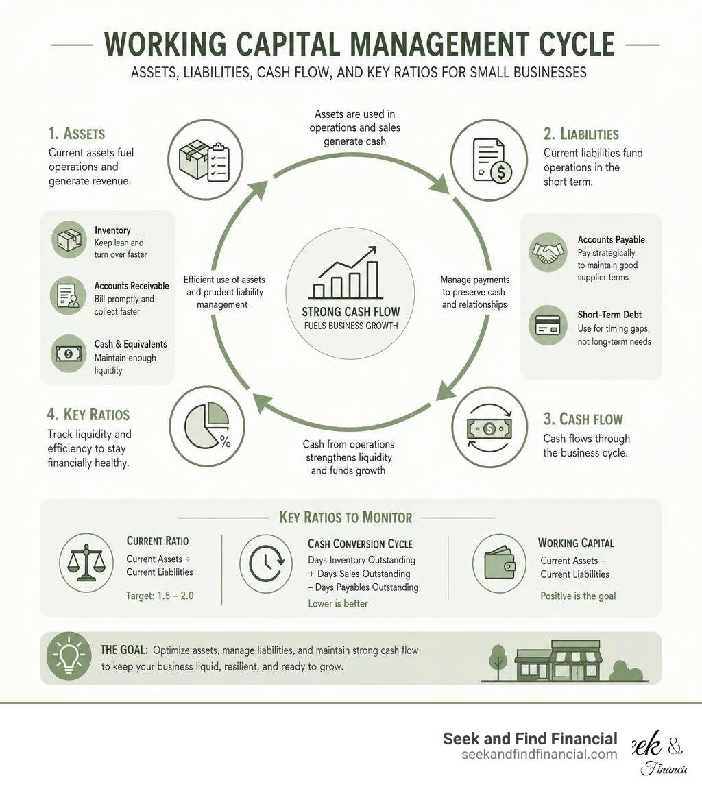 Working capital management cycle: assets, liabilities, cash flow, and key ratios for small businesses infographic Working capital management cycle: assets, liabilities, cash flow, and key ratios for small businesses infographic
