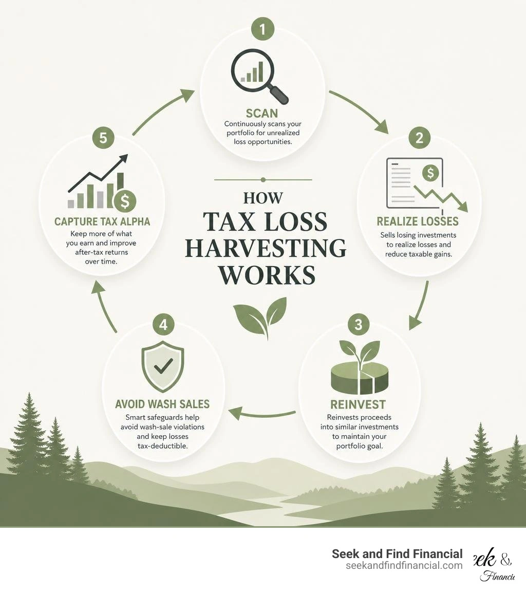Infographic showing how Altruist tax loss harvesting works: scan, realize losses, reinvest, avoid wash sales, capture tax Infographic showing how Altruist tax loss harvesting works: scan, realize losses, reinvest, avoid wash sales, capture tax