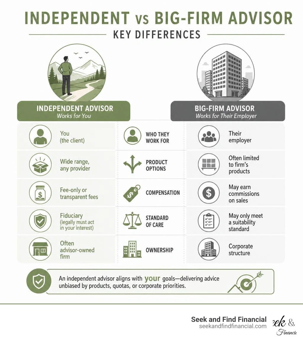 independent vs big-firm advisor key differences infographic infographic